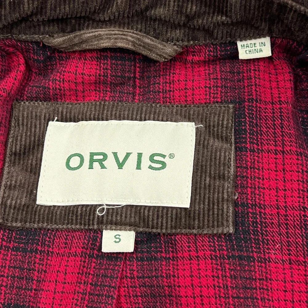 Orvis Barn Jacket Womens Small Red Canvas Plaid Lined Corduroy Collar Field Coat